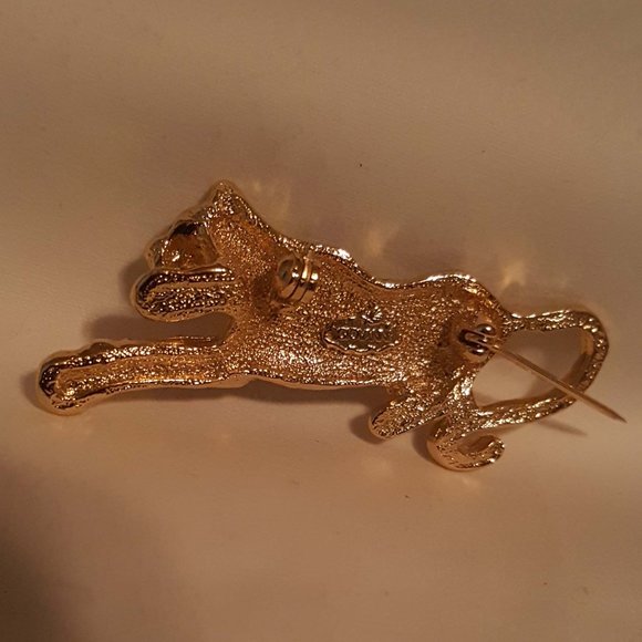 Rhinestone Crystal Pave Cheetah Brooch-Black Enameled Spots -Jeweled Green Eyes - Picture 5 of 7